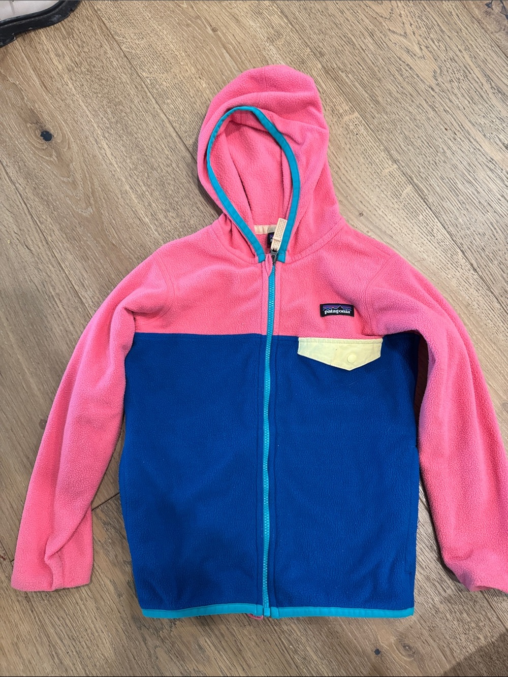 Patagonia Kids Hooded Fleece Jacket - Pink, Blue & Cream